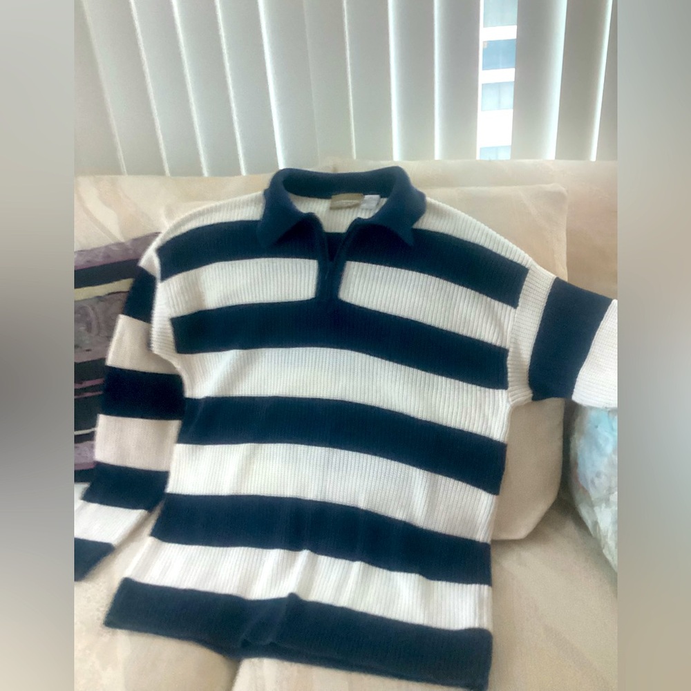 SOLD Liz Claiborne Zip Up Sweater - Navy and White Stripes